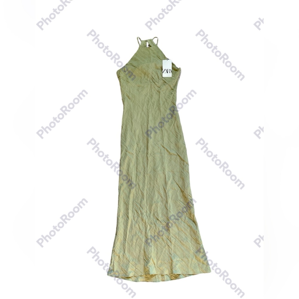 Zara XS Green Silky Maxi Halter Dress NWT